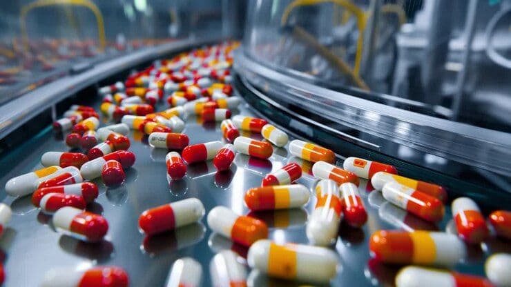 Red and yellow capsules moving along a production line