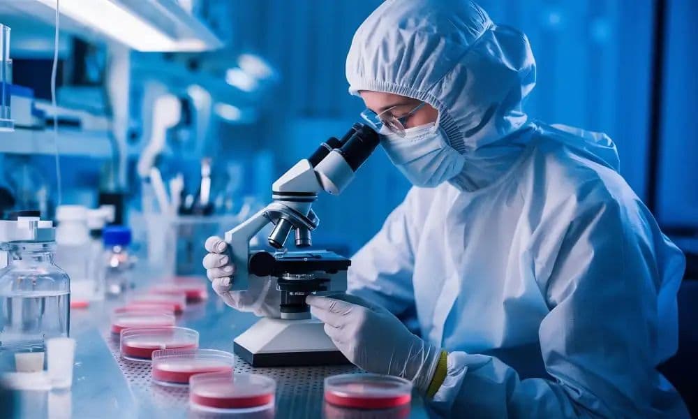 A Rameda scientist in protective clothing looking through a microscope