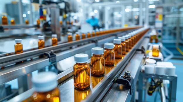Amber medicine vials moving along a Rameda filling line